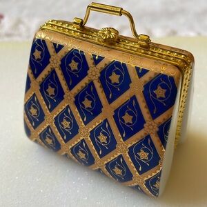 Decorative collectible hinged trinket box porcelain cobalt blue & gold purse